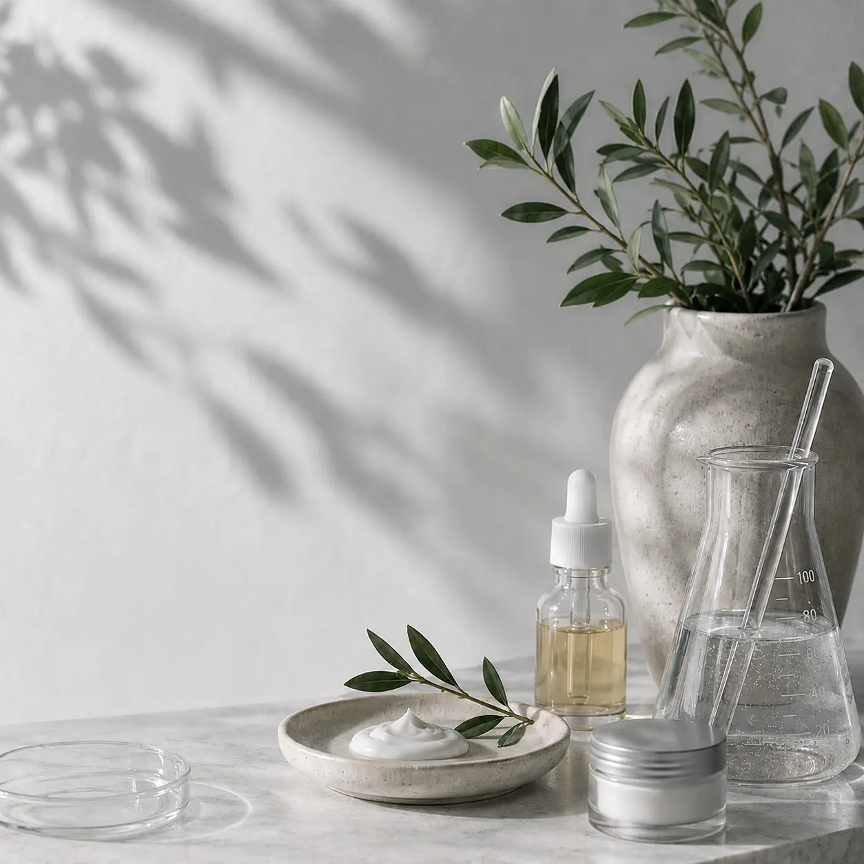 Cream, serum and laboratory glassware on a stone table